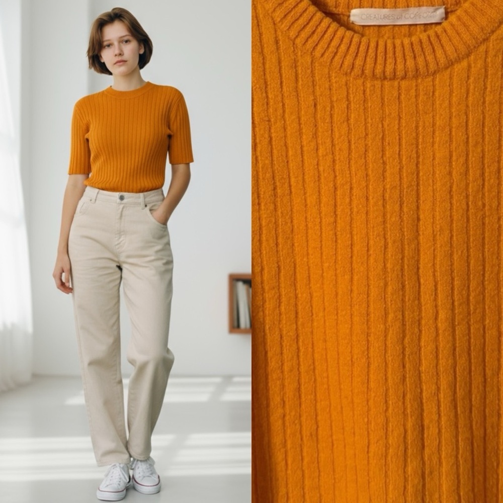 CREATURES OF COMFORT Orange Sweater Short Sleeve Knit Top Tunic